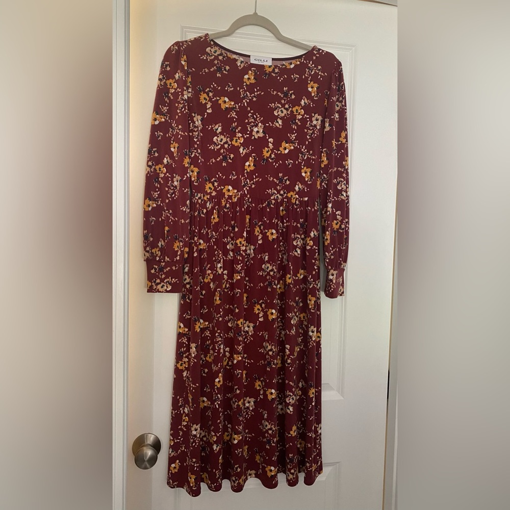 Stylist fall/winter midi dress maroon/yellow/blue flowers